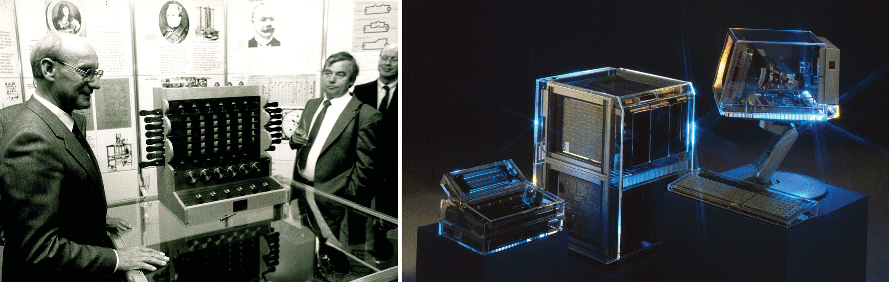 Graphic: At the 1984 exhibition “The Glass Computer.” Left: Nixdorf presents the reconstructed Schickard mechanical calculator (today on display in the HNF permanent exhibition). Right: The eponymous glass computers (depicted here: Nixdorf 8870 Quattro/24) were Nixdorf products with transparent acrylic glass housings.
