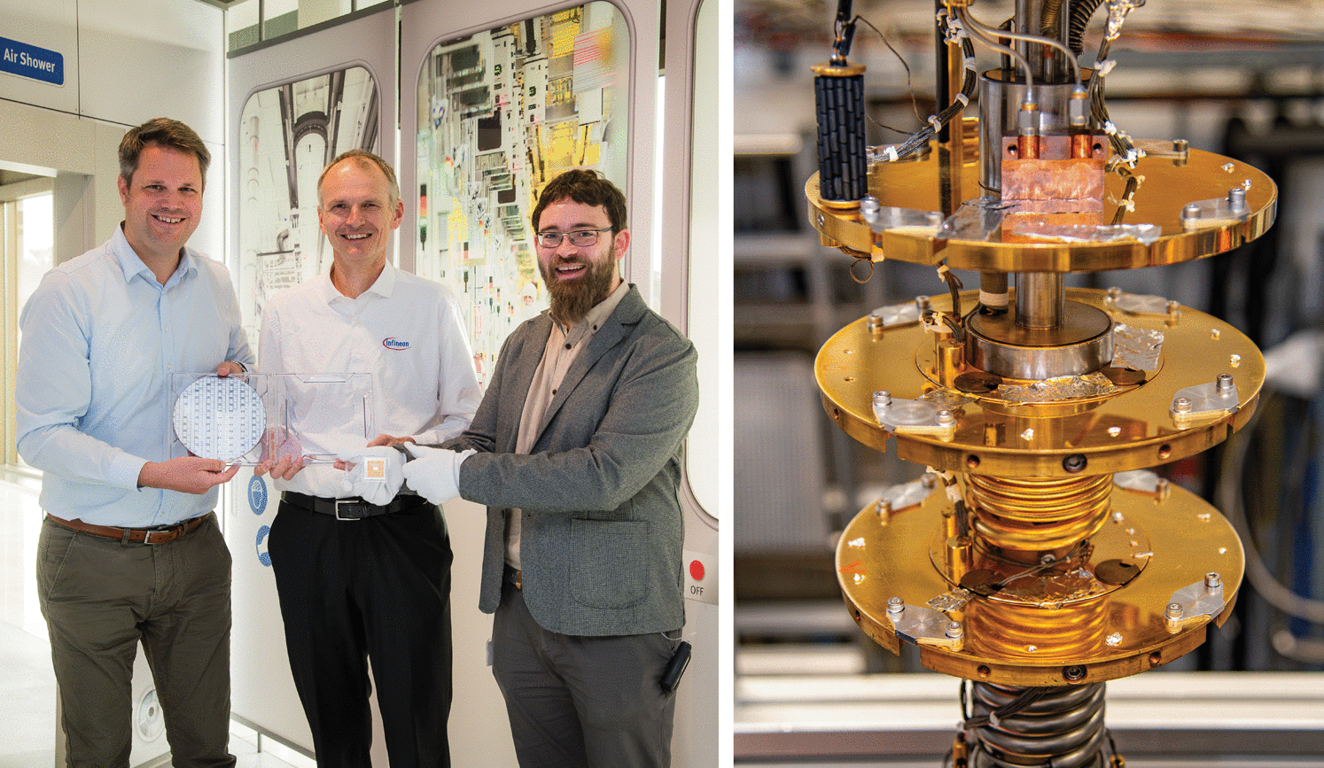 Graphic: Left: Stephan Schaecher (Infineon, center) presents two novel ion traps for the quantum computing exhibition to HNF’s Christian Berg (left) and David Woitkowski (right). Right: Detail of the chandelier cryostat in its original lab surrounding at Jülich research center.