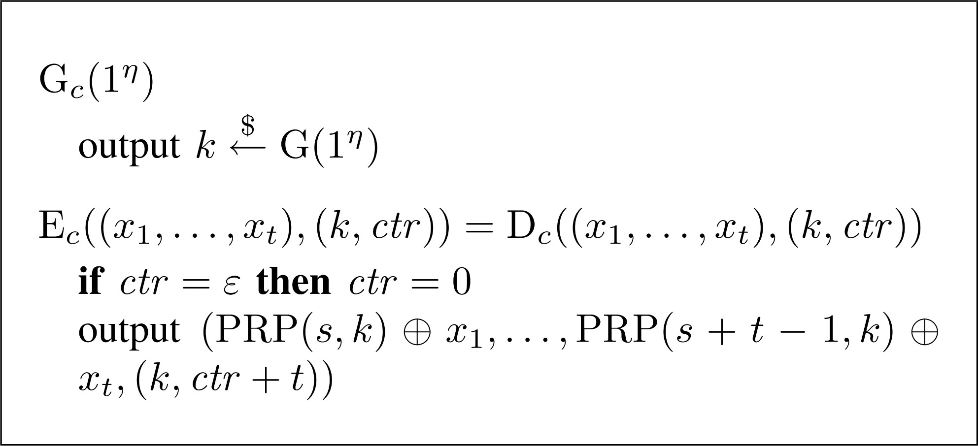 Graphic: The stateful deterministic counter-mode (detCTR) ${\cal E}_{c}=({\rm G}_{c},{\rm E}_{c}, {\rm D}_{c})$