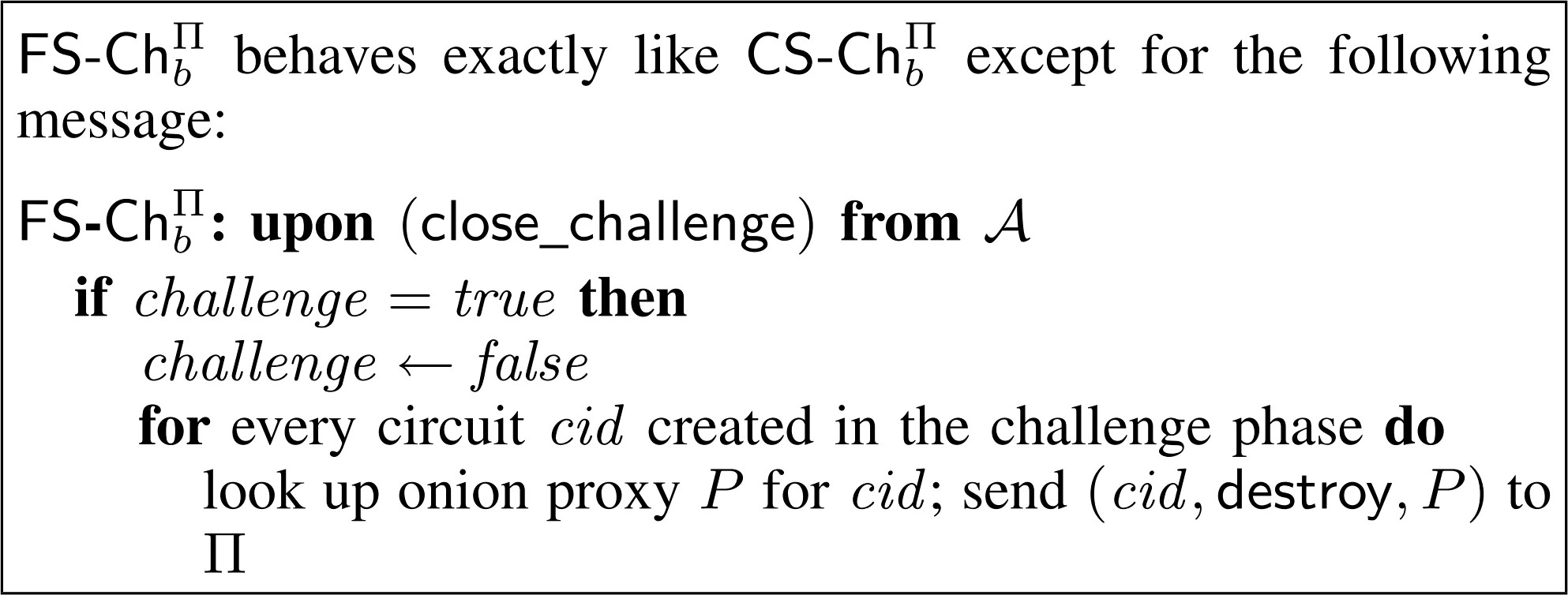 Graphic: OR Forward Secrecy Challenger: ${\rm FS}\hbox{-}{\rm Ch}_{b}^{\Pi}$
