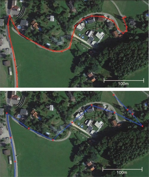 Graphic: Accuracy comparison GPS (red) vs. Spotnick (blue)