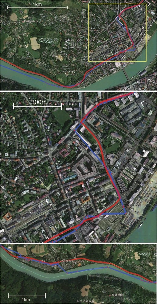 Graphic: Accuracy comparison GPS (red) vs. Spotnick (blue)