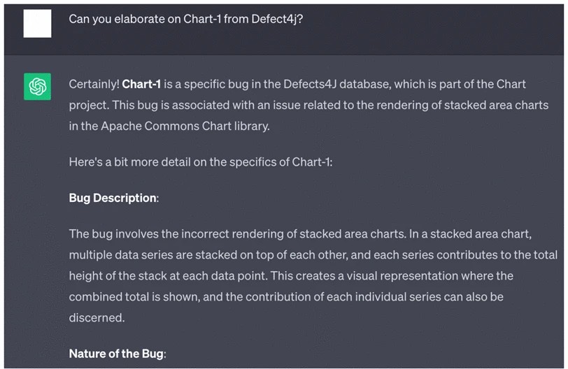 Graphic: ChatGPT's detailed answers about a specific bug in defects4J.