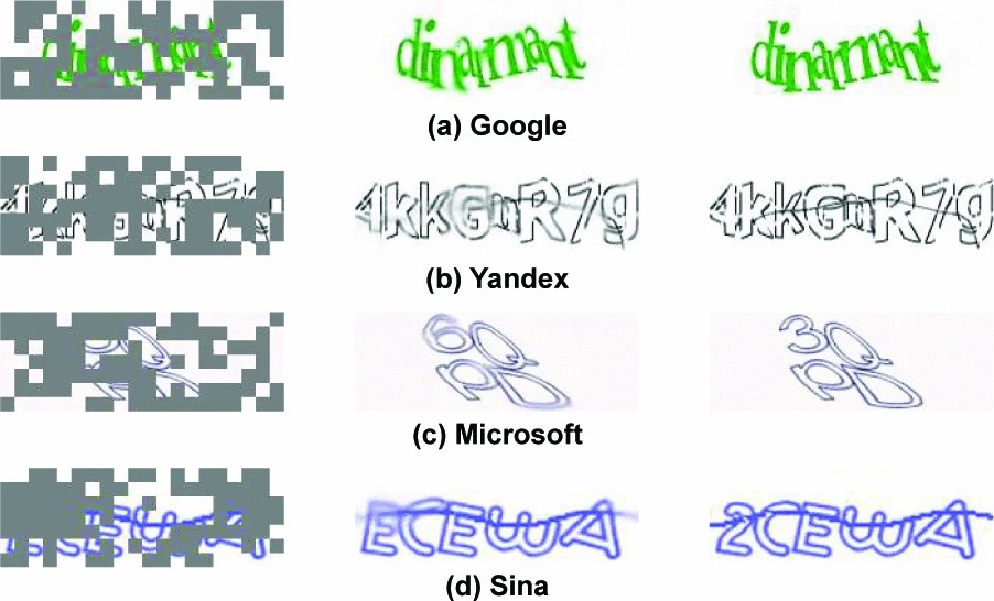 Graphic: Reconstruction results on test set. For each triplet, we exhibit the masked captcha (left), MAE reconstruction (middle), and the ground-truth (right). More examples are in the Appendix VII.