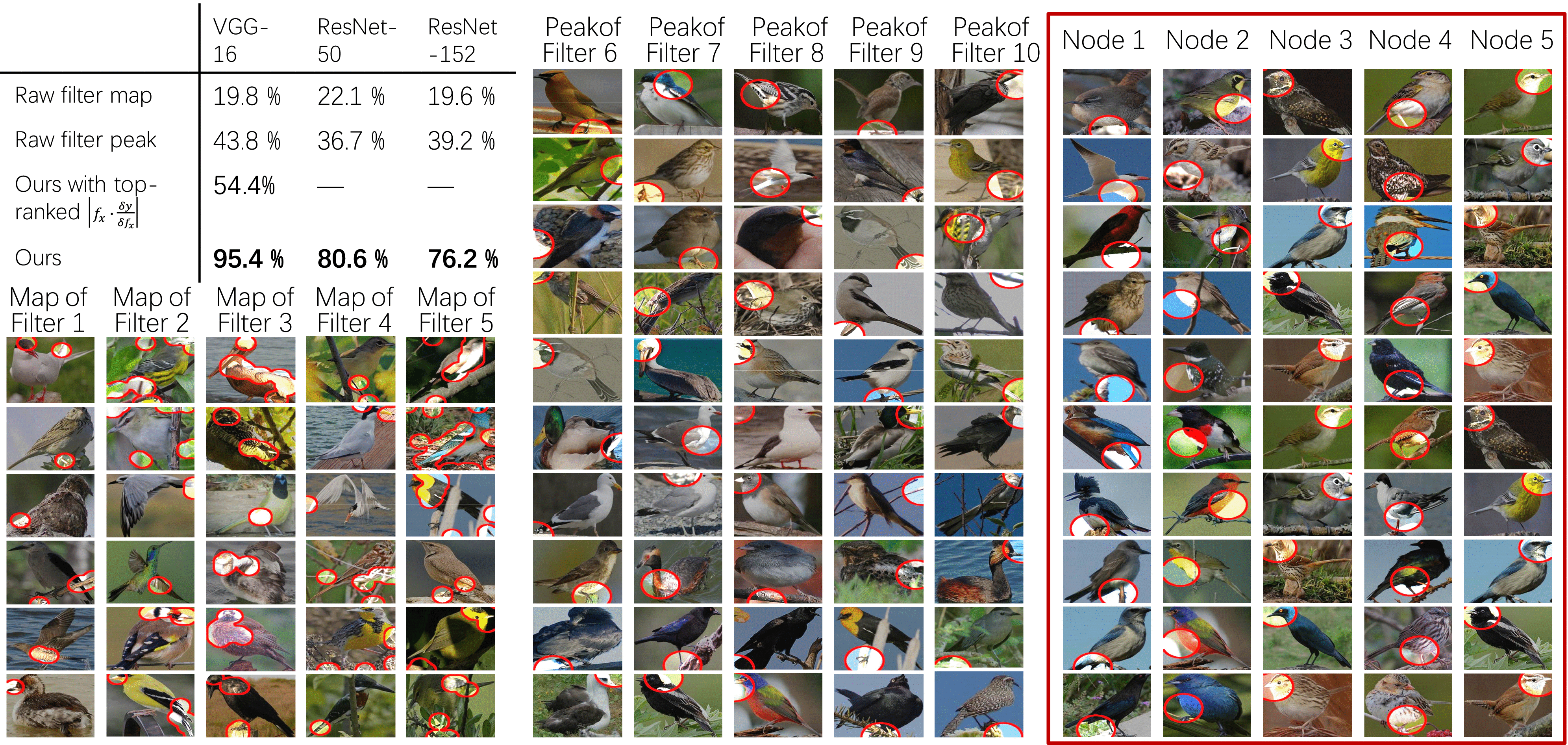 Graphic: Purity of part semantics (top-left). We compared object parts corresponding to nodes in the explanatory graph with features of raw filters. We draw raw feature maps of filters (left), the highest activation peaks on feature maps of filters (middle), and image regions corresponding to each node in the explanatory graph (right). Based on such visualization results, we use human users to annotate the semantic purity of each node/filter.